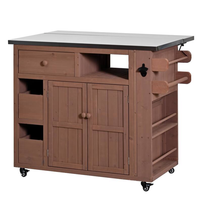 Extendable 41.9" Outdoor Kitchen Island with Stainless Steel Top and Side Spice Rack, Kitchen Cart with Drawers, Storage Cabinet