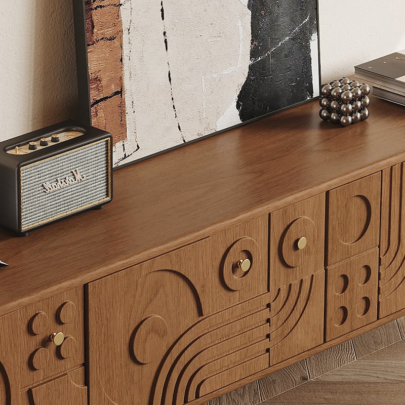 78.74" Mid-Century Modern TV Stands, Wood Media Console with Cabinets, Tall-Cast Legs