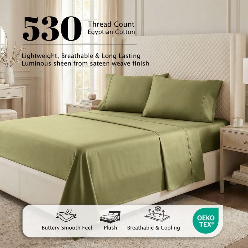 Superior Egyptian Cotton 530 TC Sheet Set Sateen Weave, Deep Pocket, Ultra‑Soft & Breathable Bedding
