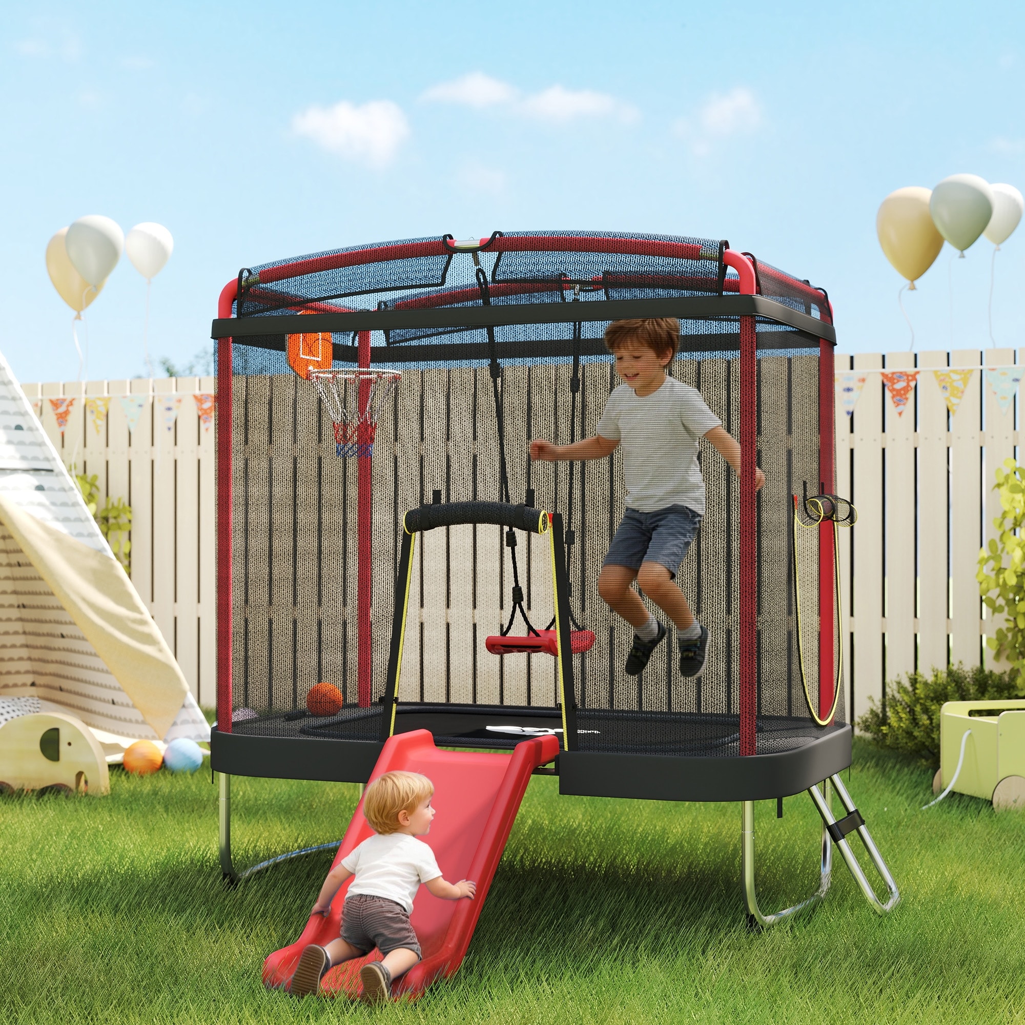 Qaba 4x6FT Kids Trampoline with Slide, Swing, Hoop, Ladder & Safety Enclosure, Indoor Outdoor, Red
