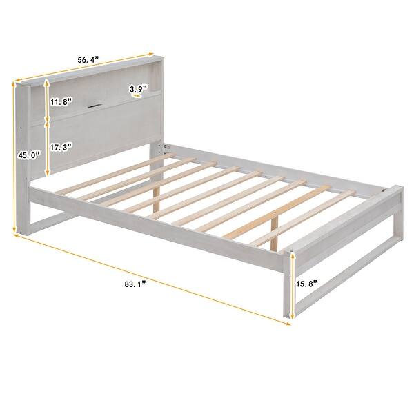 Modern Simple Full Size Platform Bed w/ Storage Headboard, Sockets & USB Ports Storage Bed for Kids Teens Adults, Antique White