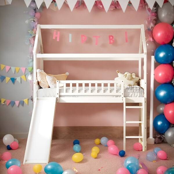 slide 2 of 9, Twin Size Elegant Loft Bed House Bed With Slide,Sturdy Construction And Maximized Space Saving White