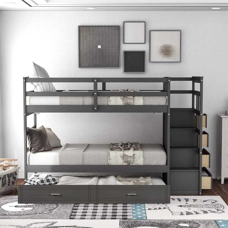 Merax Wood Twin Over Twin Bunk Bed with Trundle and Staircase