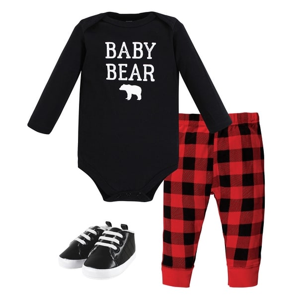 slide 1 of 1, Hudson Baby Unisex Baby Cotton Bodysuit, Pant and Shoe Set, Buffalo Plaid Baby Bear 0-3 Months - Buffalo Plaid Baby Bear