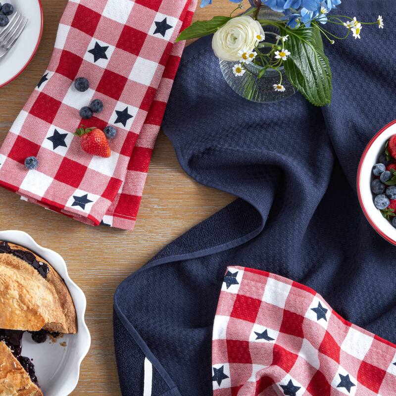 MARTHA STEWART Americana Star Gihgham Holiday Kitchen Towels 3-Pack Set, 100% Cotton, Absorbent, Patriotic USA America Décor