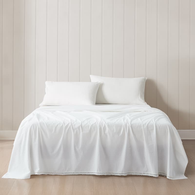 Lush Decor Evelyn Lace Trim White Cotton 4-Piece Sheet Set - King
