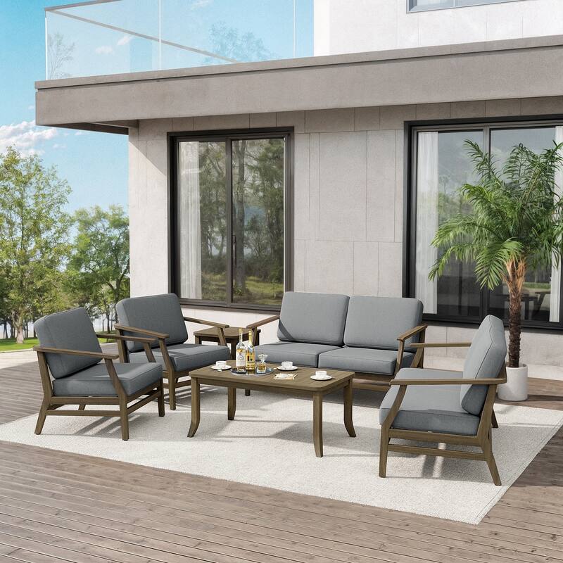 Teak Outdoor Patio Conversation Set with Cushions and Tables (6-Piece)