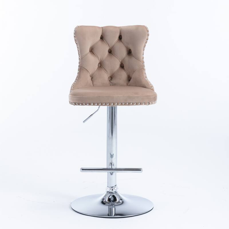 Furniture Set of 2 Swivel Velvet Bar Stools with Chrome Base, Tufted Back & Adjustable Height 25-33" - Khaki