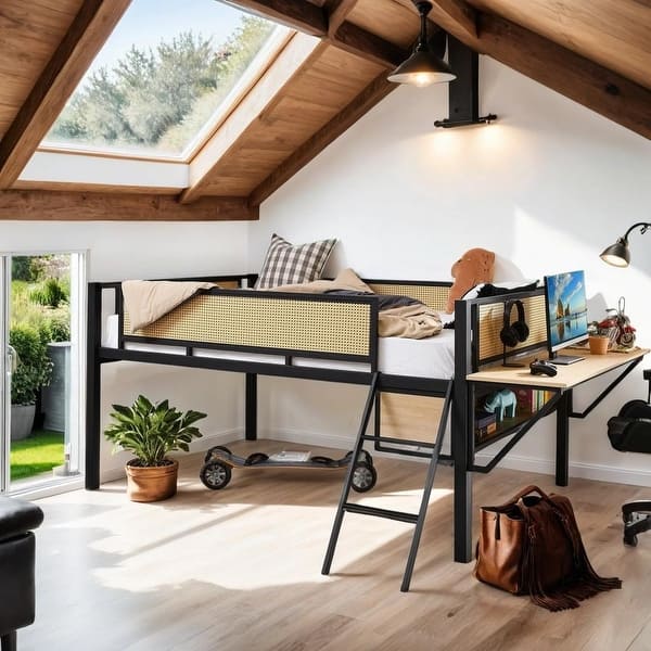 slide 2 of 10, Stylish & Simple Single Full metal loft bed with rectangular desk, LED lights, storage shelves, safety guard and ladder, Natural Natural