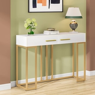 47-inch Gold Console Table, White Entryway Foyer Table with 2 Drawers