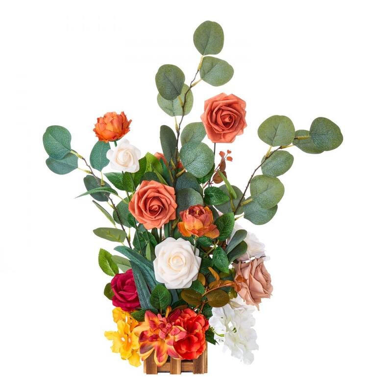 Orange Silk Rose Centerpieces Set of 4 with Wood Base for Weddings - 17.7 x 9.8 x 9.8 inch