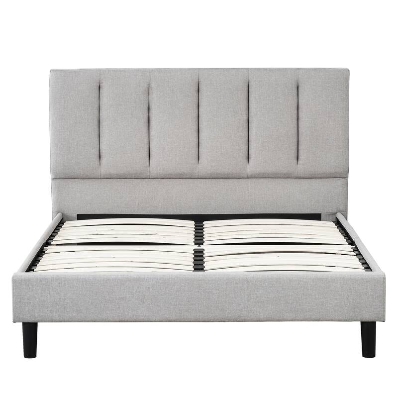 Queen Size Linen Upholstered Platform Bed with Channel Tufted Headboard and No Box Spring Required