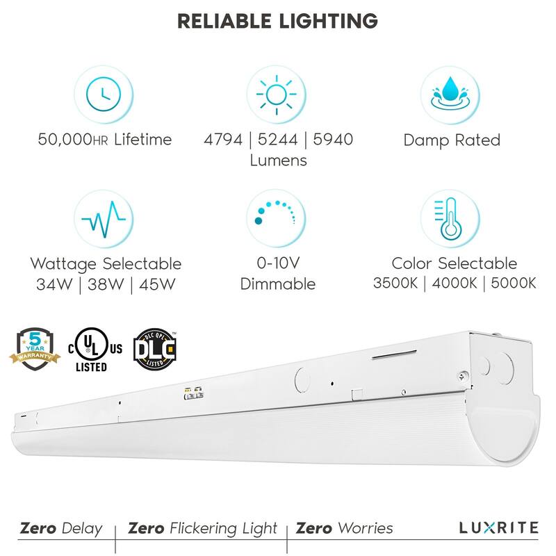 Luxrite 4FT LED Strip Light Fixture, 34W/38W/45W, 5940 Lumens, 3 Color Selectable 3500K-5000K, Dimmable, Damp Rated