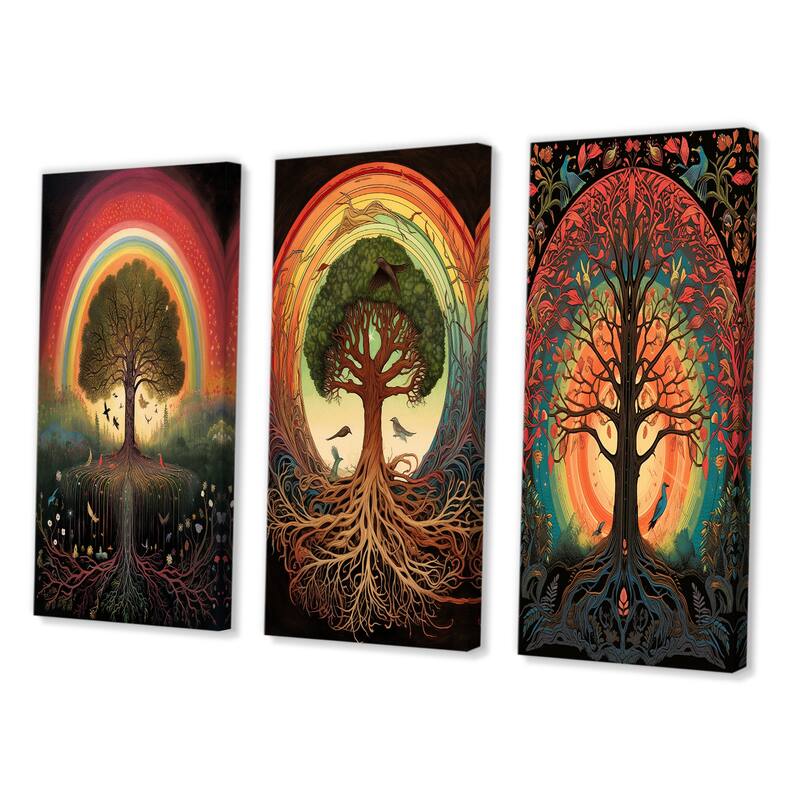 Designart "Tree Of Life Rainbow Retro Illustration" Landscape Trees Wall Art Set Of 3 - Canvas Set For Living Room Decor