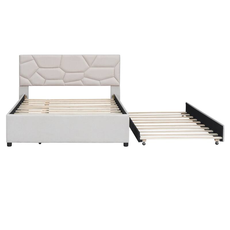 Full Size Upholstered Platform Bed with Brick Pattern Headboard and Twin Trundle, Linen Fabric, Beige