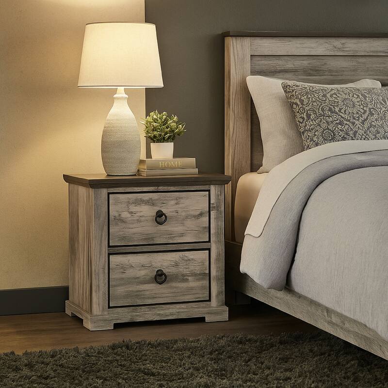 Elaya Nightstand with 2 Drawers, Black Metal, Weathered Gray Wood