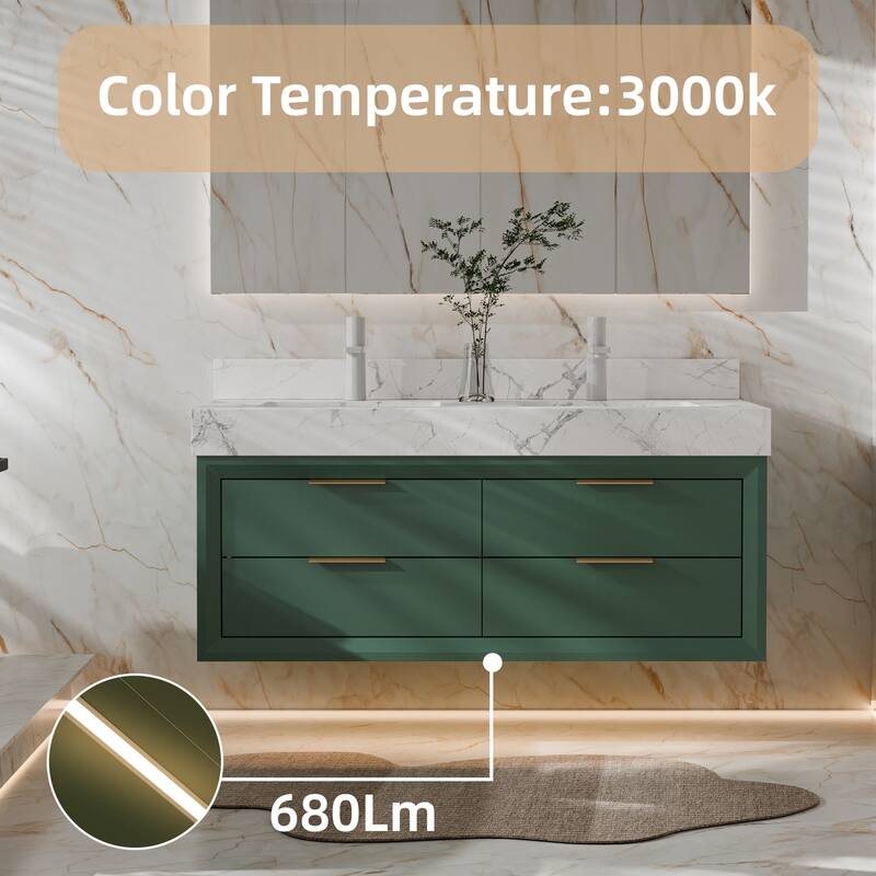 Modland 48" Wall-Mount Double Vanity with LED Light & 6 Drawers - Solid Oak, White / Green - 48 inch