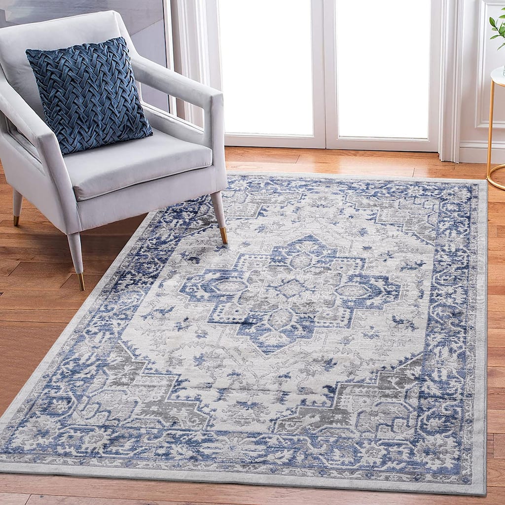 Roomfitters 8x10 Machine Washable Boho Vintage Area Rug, Non-Slip Pet Friendly Indoor Living Room Decor Carpet - Blue+Grey
