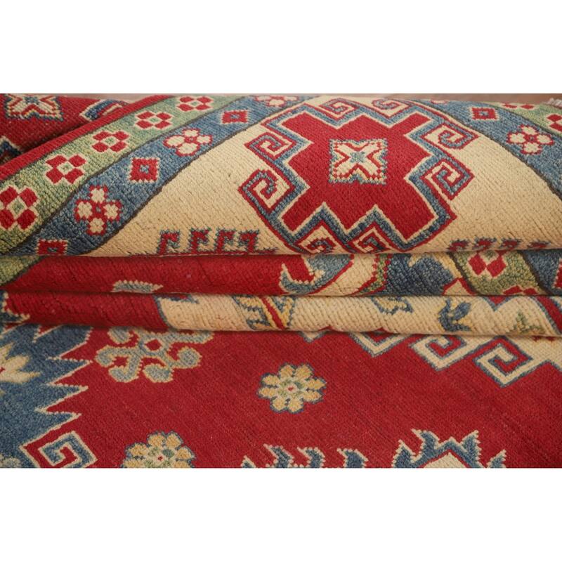 Geometric Kazak Area Rug Hand-Knotted Red Wool Carpet - 8'0" x 11'0"