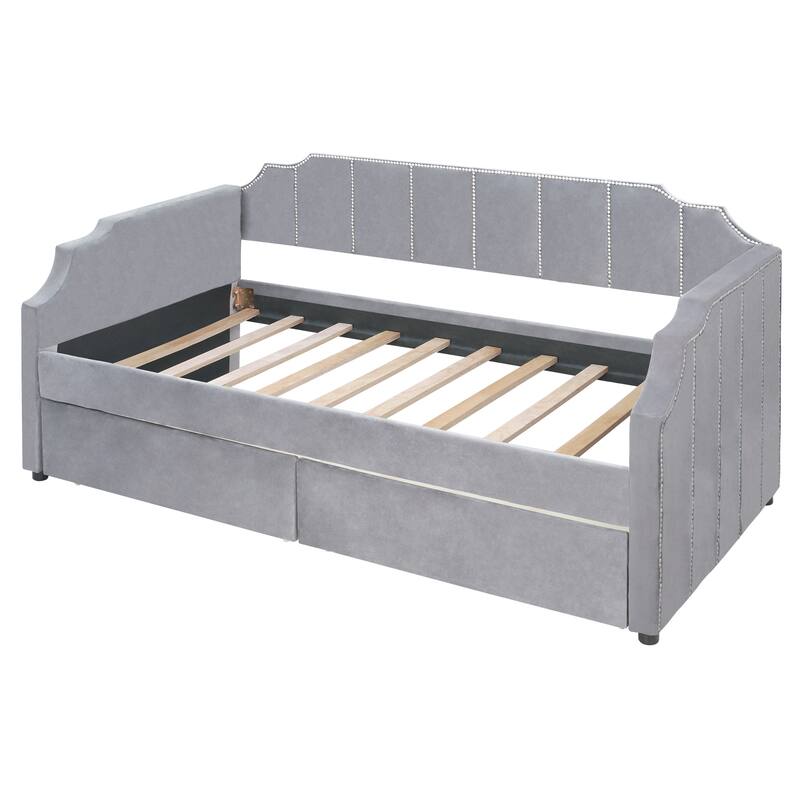 Upholstered Twin Daybed with Storage Drawers, Velvet Fabric, Wood Frame, Space-Saving Bed for Bedroom or Guest Room