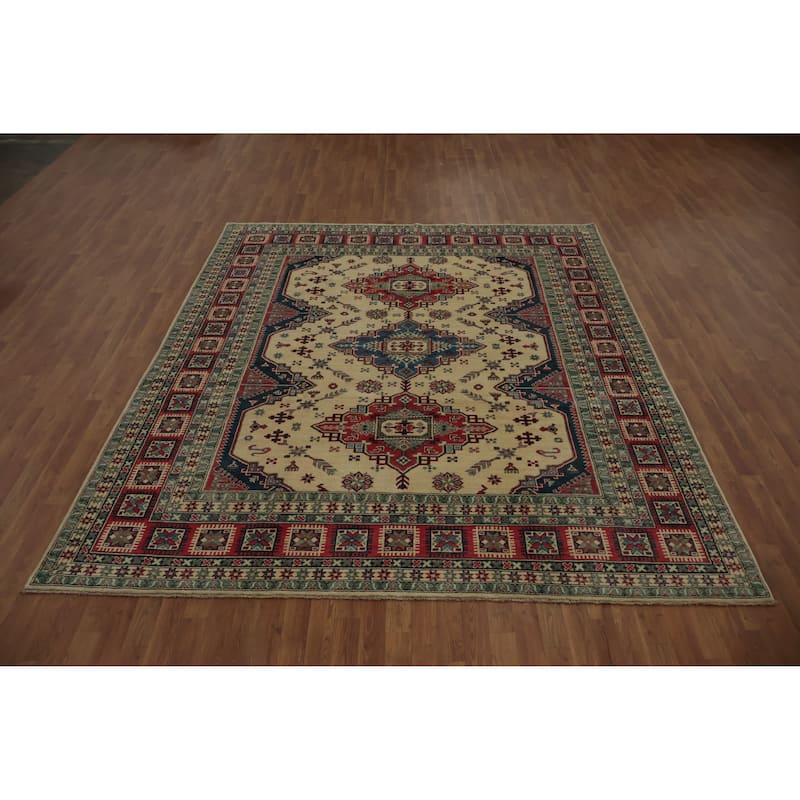 Hand Knotted Oriental 100% Wool Carpet Traditional Geometric Beige & Ivories Kazak Area Rug - 9' 10'' X 8' 4''