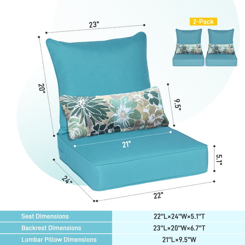 Aoodor 22'' x 24'' Outdoor Deep Seat Chair Cushion Set(Set of 2 Seats, 2 Backs, 2 Pillows）