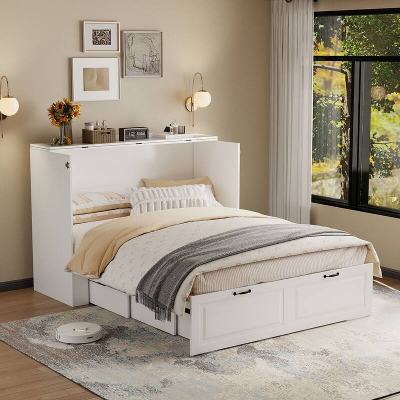 Murphy Bed Cabinet with Charging Port and Storage Drawer, White