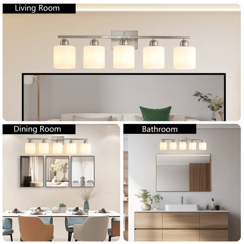 5-Light Brushed Nickel Bathroom Vanity - Milky Frosted Glass - E26 Socket