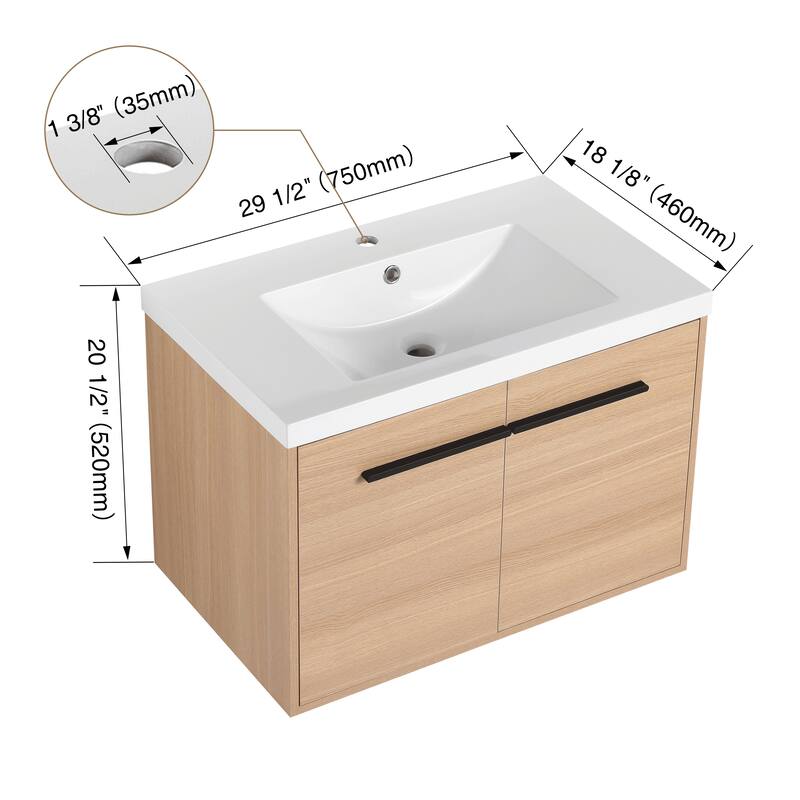 GDFStudio - Levistar Modern Wall-Mounted Bathroom Vanity Set with Scratch-Resistant Resin Sink & Soft Close Doors