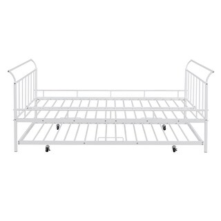 White Full Day Bed with Trundle Bed Twin, Metal Daybed with Trundle Twin Size and Curved Handle Headboard, Space Saving Daybed