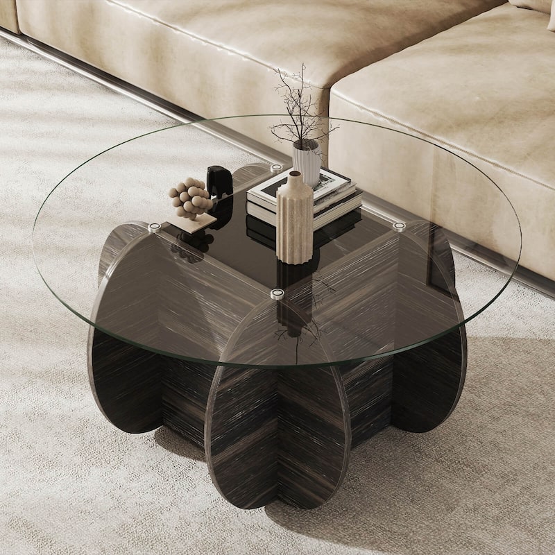 Costway 35" Round Coffee Table Modern Accent Table with Tempered Glass - Dark Rustic Oak - See Details
