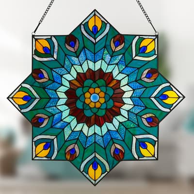 River of Goods 24-inch Tiffany-style Stained Glass Peacock Star Window Panel - 24"L x 0.25"W x 24"H