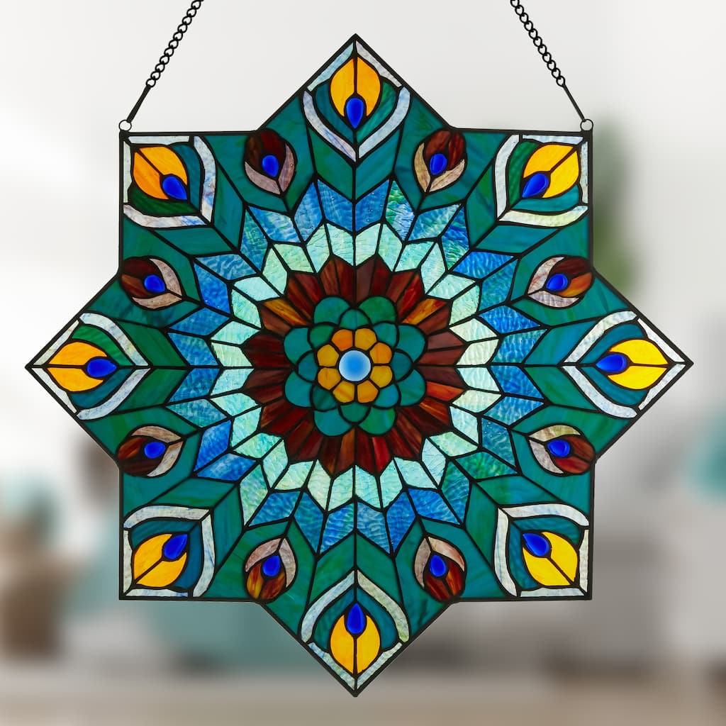 River of Goods 24-inch Tiffany-style Stained Glass Peacock Star Window Panel - 24"L x 0.25"W x 24"H