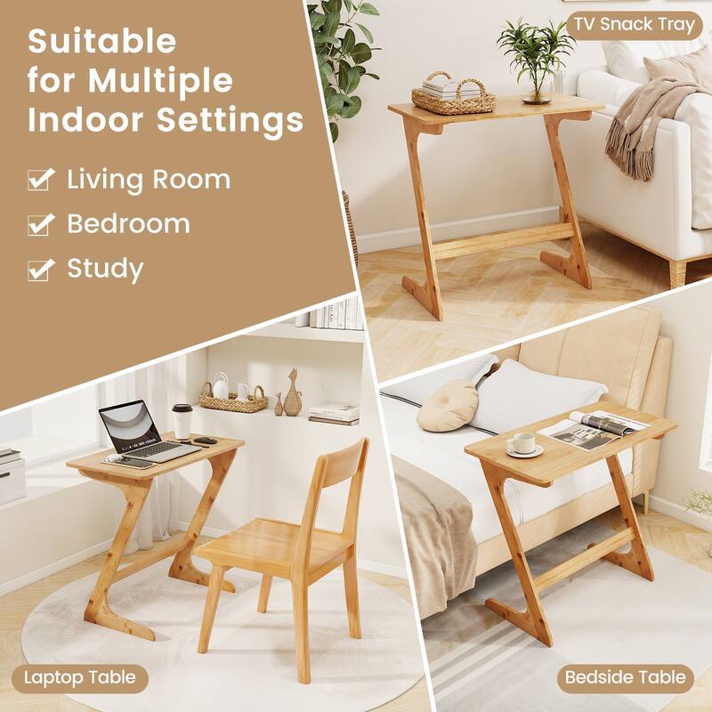 Costway Bamboo Sofa Side Table Z-Shaped Spacious Tabletop Space-Saving - See Details