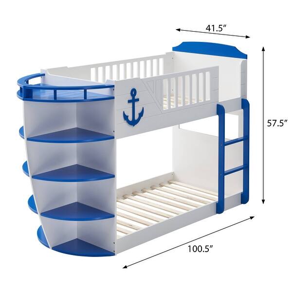 Elegant Twin Over Twin Loft Bed with Boat Design, Built-In Ladder, Anchor & Sailing Elements and Integrated Storage Shelves