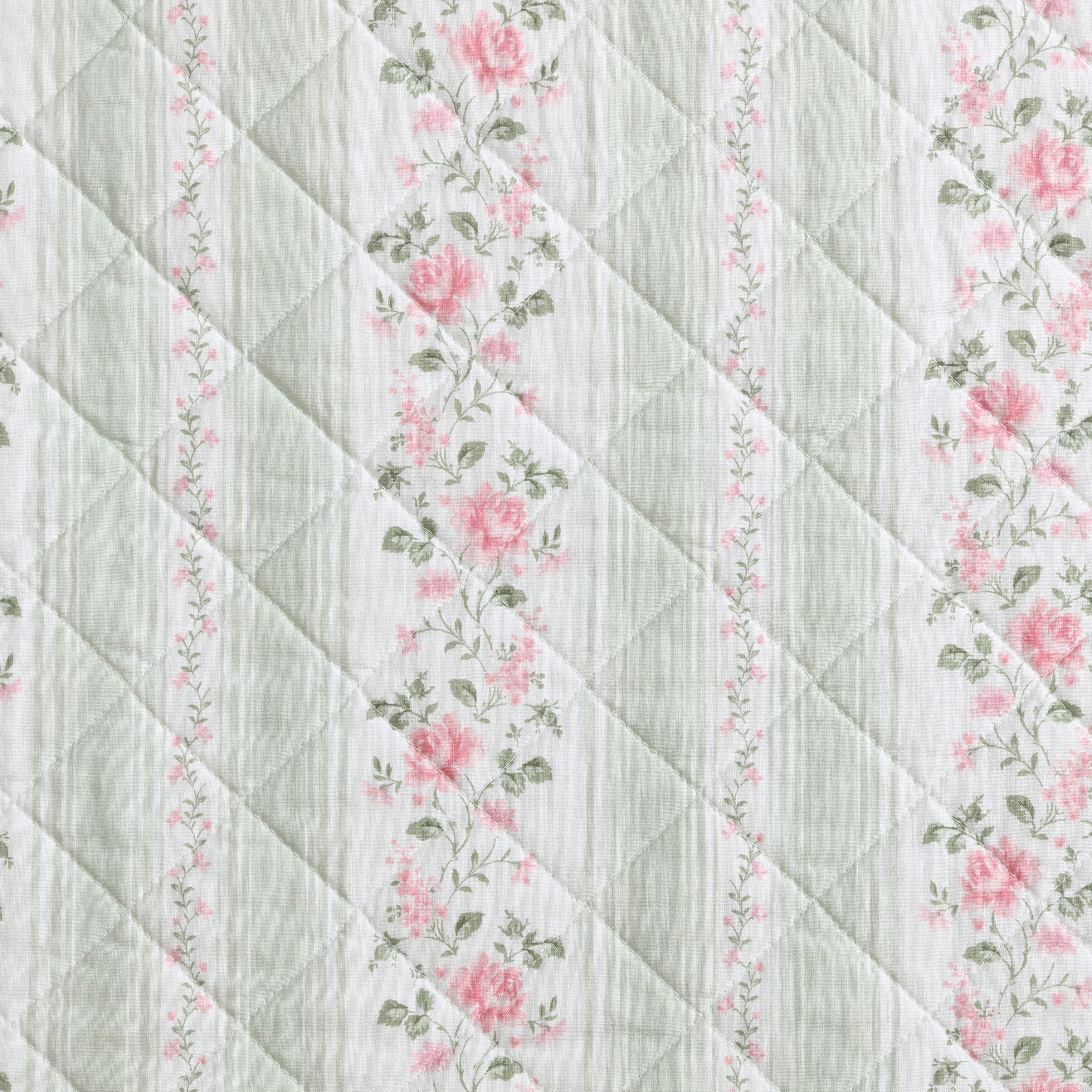 Laura Ashley Rosebud Stripe Cotton Reversible Green Quilt Set