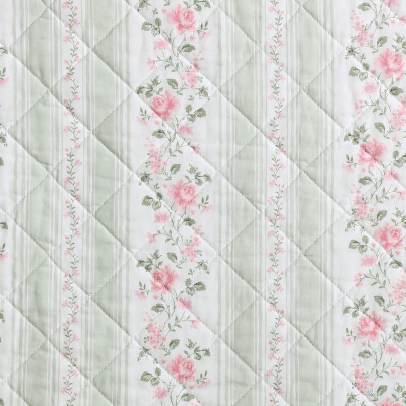 Laura Ashley Rosebud Stripe Cotton Reversible Green Quilt Set