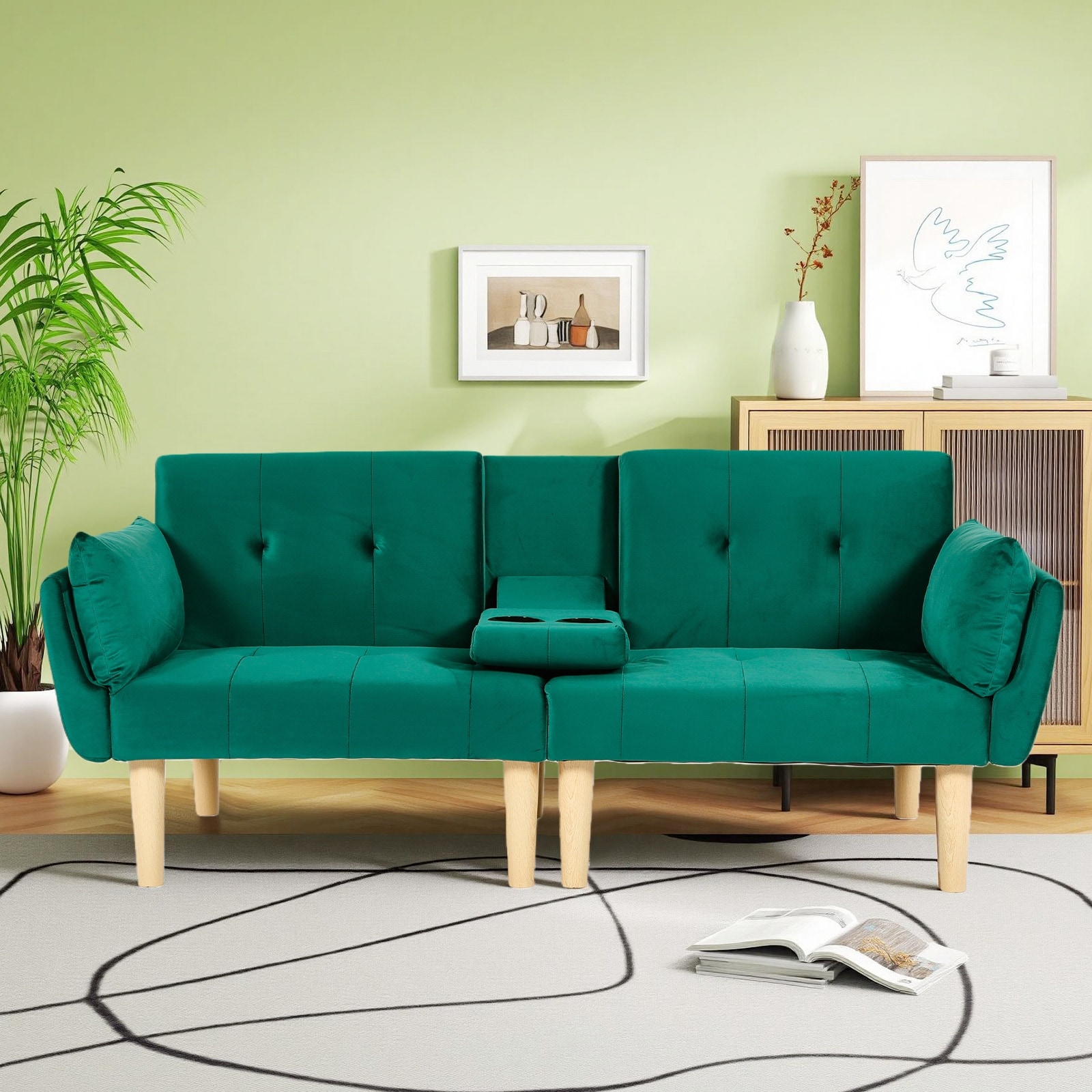 72 Inch Foldable Green Double Sofa, Soft Velvet Upholstery, Comfortable Leisure 2‑Person Couch for Living Room Apartment