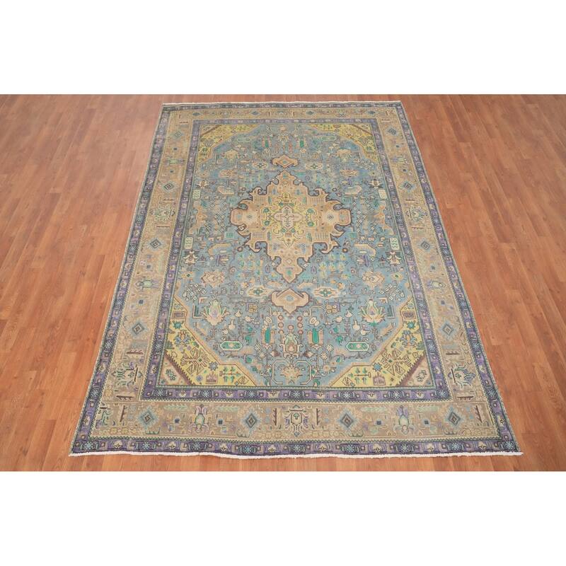 Hand Knotted Oriental 100% Wool Carpet Traditional Floral Navy Blue & Blues Tabriz Area Rug - 9' 0'' X 6' 3''