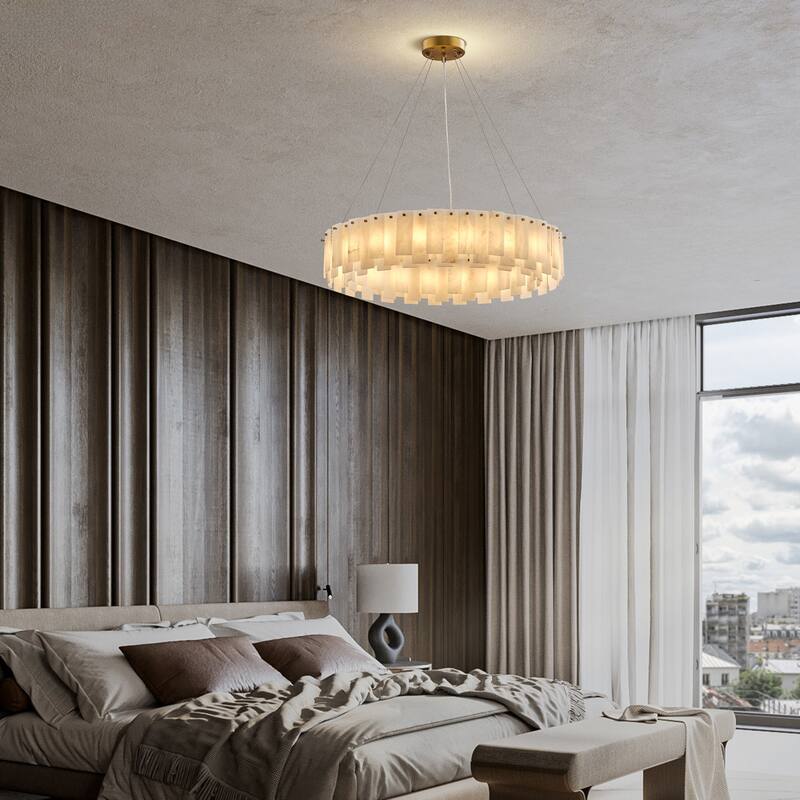 Modern Layered Alabaster Slice Chandelier, Round or Linear Pendant Light, D600-L1200 - Gold