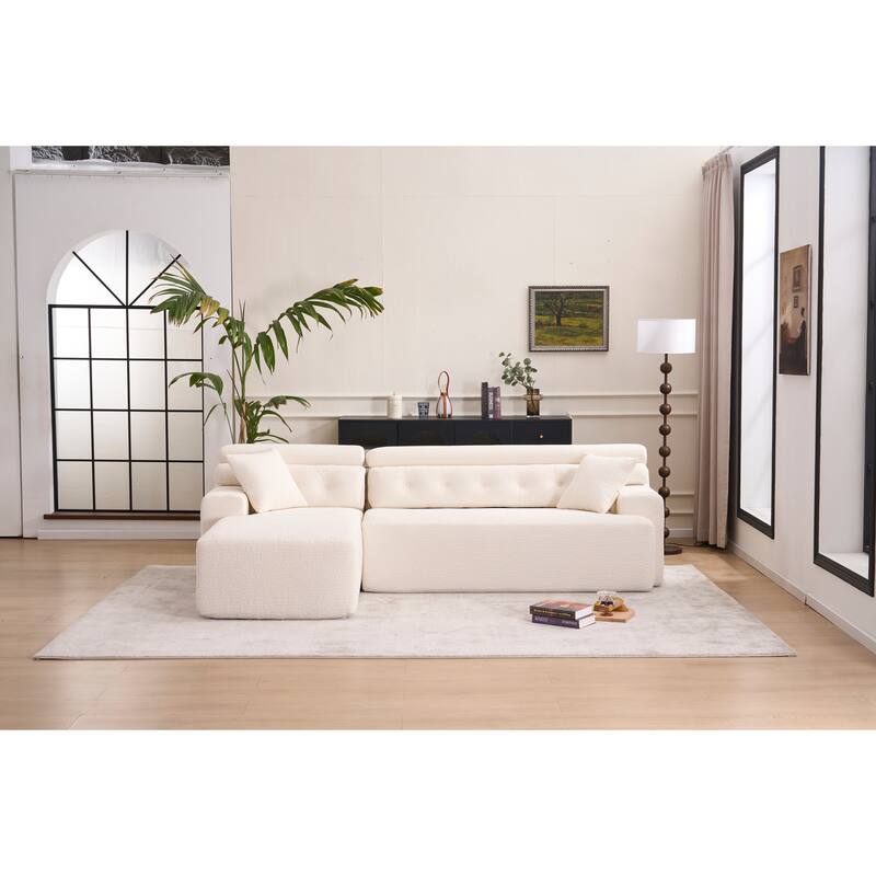 Combining Chaise Longue With 3-Seater, Wood Grain Chenille Fabric, Full Sponge Compression Sofa,Combined Sofa With 2 Pillows