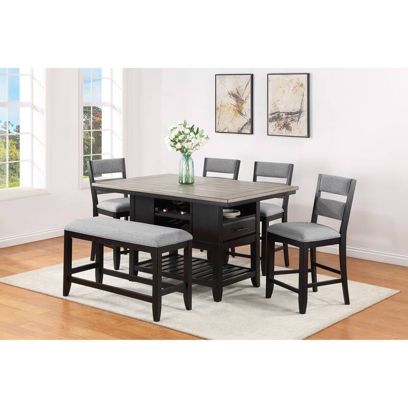 6-Piece Counter Height Dining Set Rectangular Table Wine Bottle Storage Upholstery Chairs