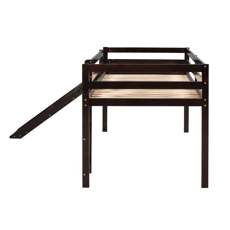 Espresso Twin Size Solid Wood Loft Bed with Slide, Fence and Multifunctional Design for Bedroom