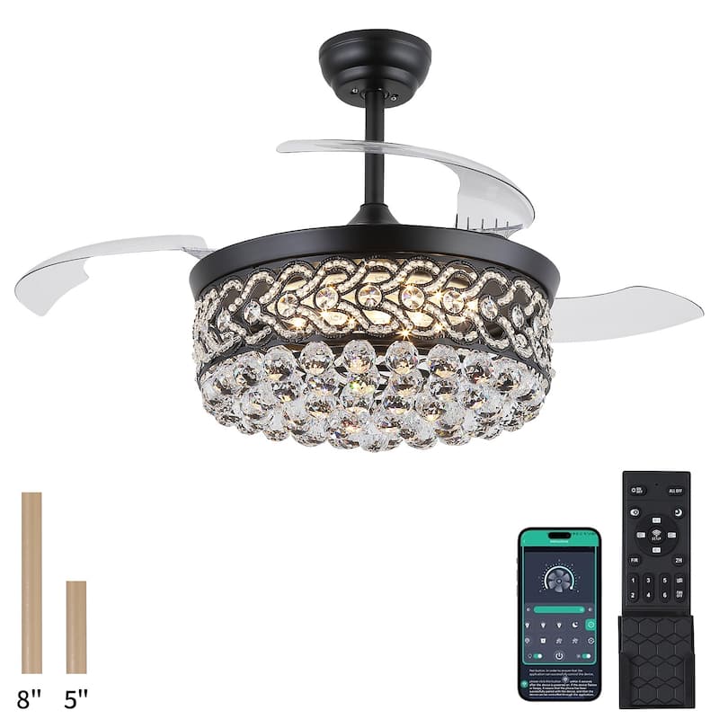 Kviflon 48'' Retractable Ceiling Fan with Lights and Remote 6 Speed, 3 Light Change Retractable Blade Chandelier Ceiling Fan