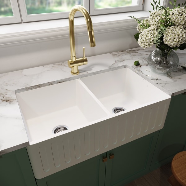 VIGO White 33-inch Matte Stone Double Bowl Farmhouse Kitchen Sink ...