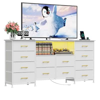 White Dresser for Bedroom with Power Outlets And LED Lights, TV Pedestals, Large Size TV Stand with 12 Drawers