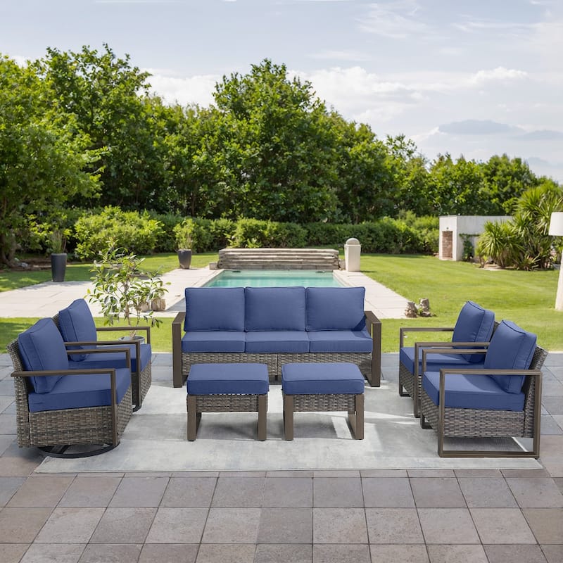Gymojoy 7 Pieces Patio Sofa with Rattan Swivel Rocking Chair Ottomans Outdoor Conversation Set