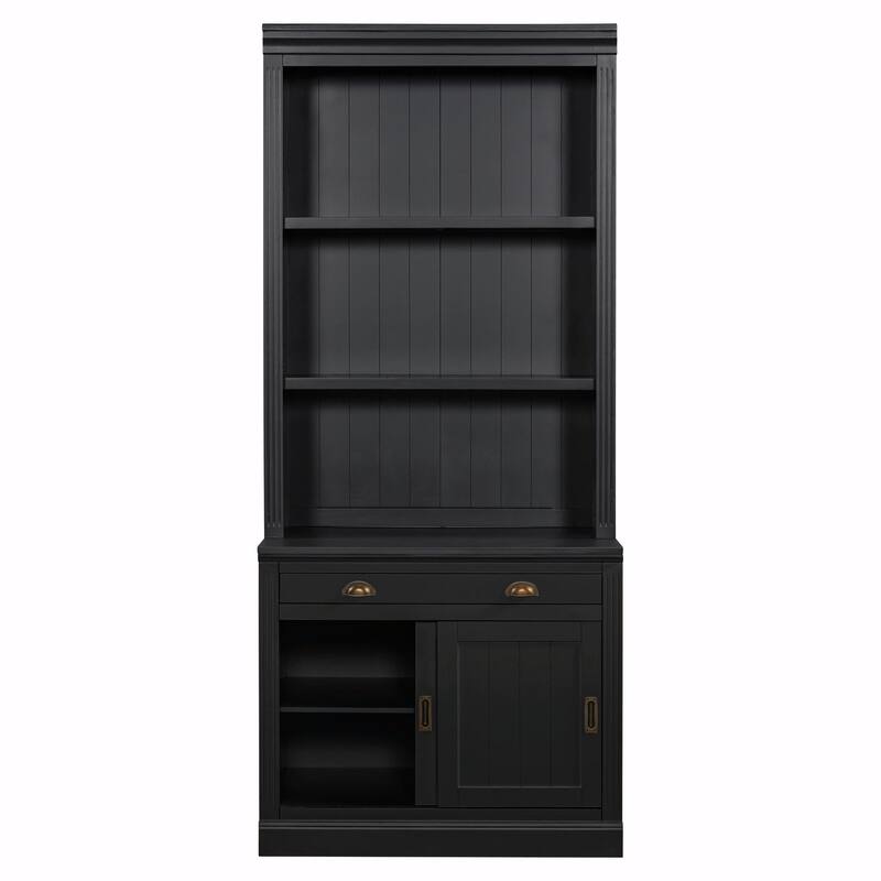 83.4" Tall Bookshelf, Modern Bookcase with Sliding Doors & Open Shelves