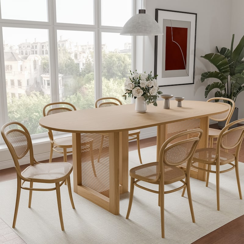 Modern Farmhouse Kitchen Dining Room Table Furniture Oval Kitchen Table with Rattan Woven Legs for Kitchen Bar Living Room