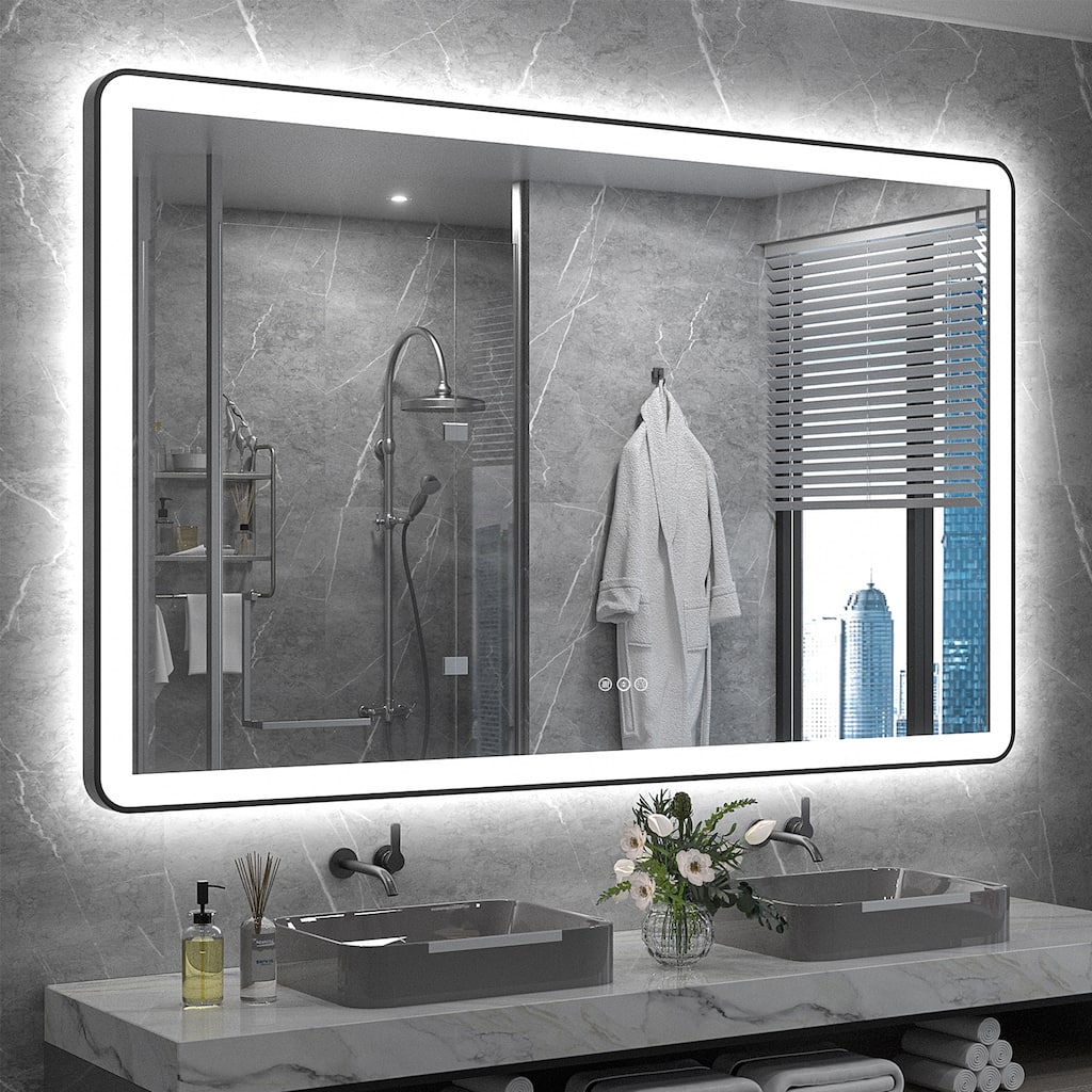 KIOTEE Rectangular Framed Front & Back LED Lighted Anti-Fog Tempered Glass Bathroom Vanity Mirror with ETL and 3-Year Warranty